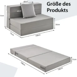 Klappmatratze mit Kissen aus Schaumstoff 15cm dick Schlafsofa mit Waschbarem Bezug 190 x 100 x 15 cm Grau