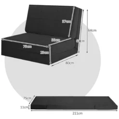 Klappsofa 3-Fach Umklappbares Schlafsofa mit 5Rückenlehnenpositionen Schwarz