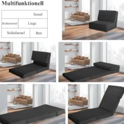 Klappsofa 3-Fach Umklappbares Schlafsofa mit 5Rückenlehnenpositionen Schwarz