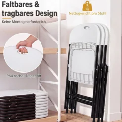 Klappstuhl 4er Set Essstühle aus Kunststoff Küchenstuhl mit Rückenlehne & Metallrahmen Weiß