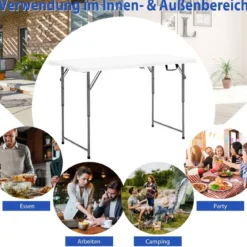 Klapptisch Zweifach Zusammenklappbarer Picknicktisch mitHöhenverstellung Weiß
