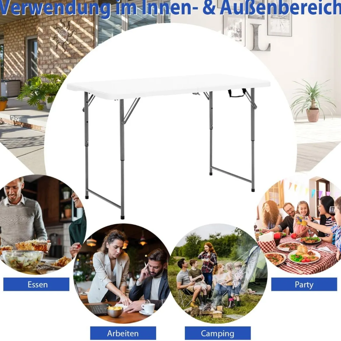 Klapptisch Zweifach Zusammenklappbarer Picknicktisch mitHöhenverstellung Weiß