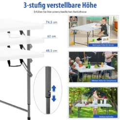 Klapptisch Zweifach Zusammenklappbarer Picknicktisch mitHöhenverstellung Weiß