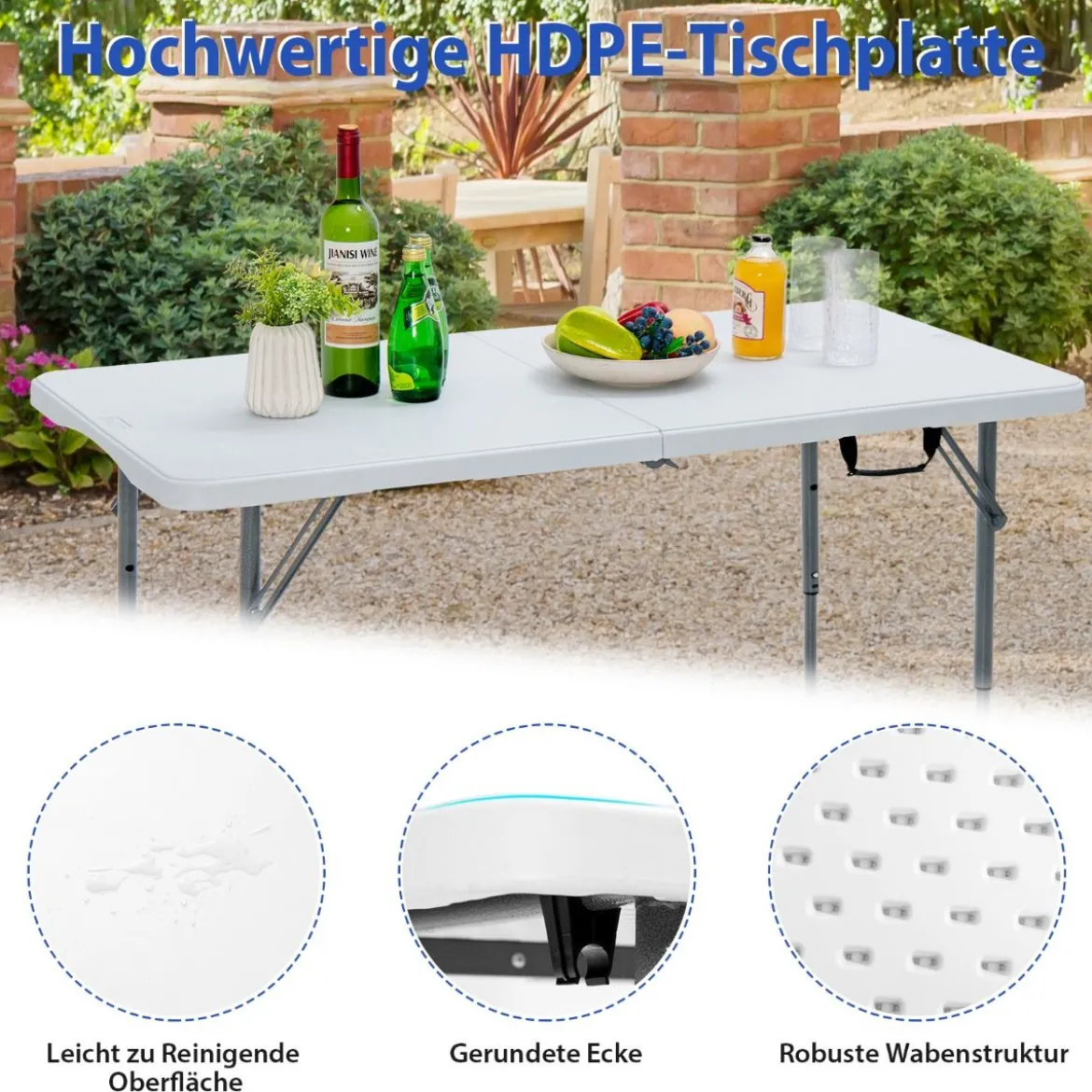Klapptisch Zweifach Zusammenklappbarer Picknicktisch mitHöhenverstellung Weiß