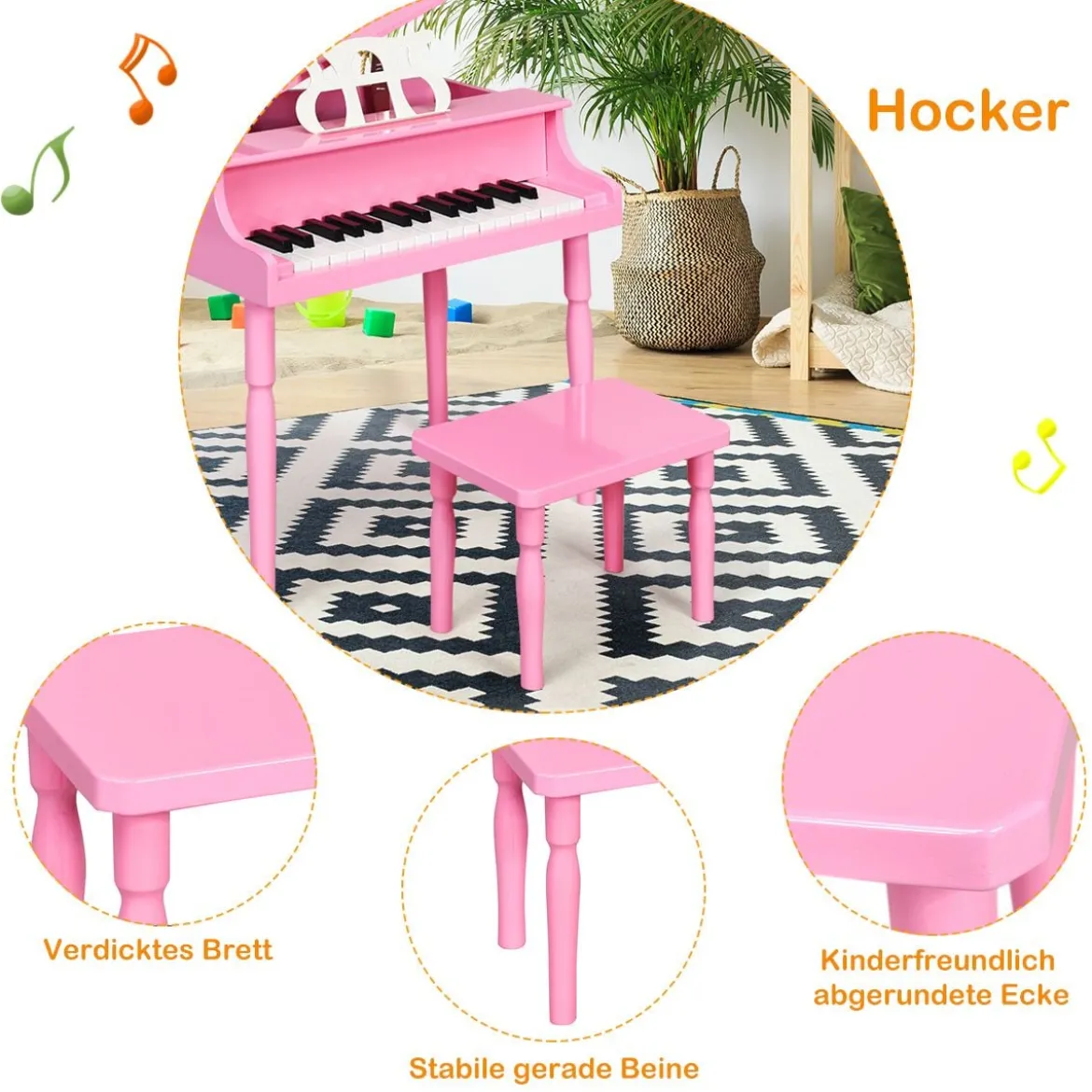 Klassisches 30 Tasten Kinderklavier mit Notenpult & Sitzbank Ideal für Kinder von 3 bis 8 J. Rosa