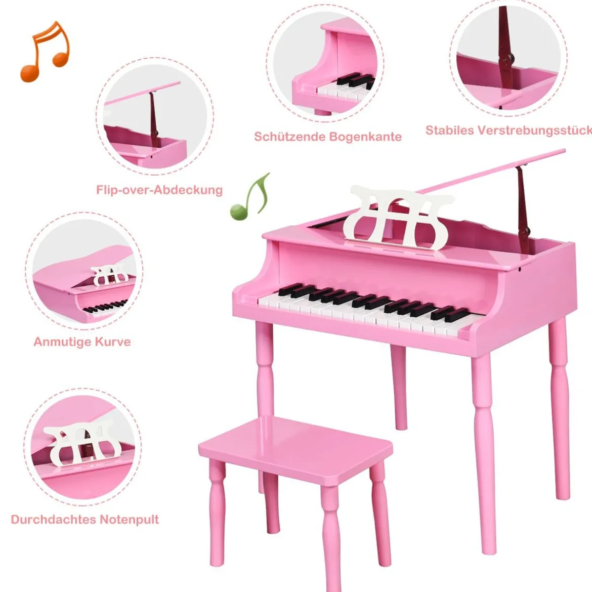 Klassisches 30 Tasten Kinderklavier mit Notenpult & Sitzbank Ideal für Kinder von 3 bis 8 J. Rosa