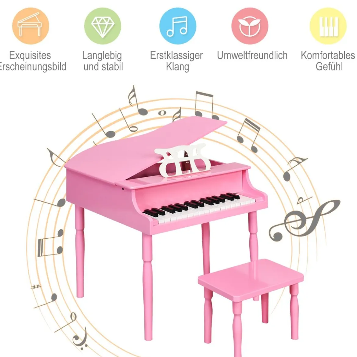 Klassisches 30 Tasten Kinderklavier mit Notenpult & Sitzbank Ideal für Kinder von 3 bis 8 J. Rosa