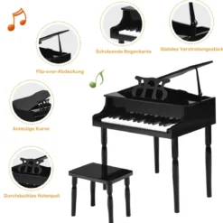 Klassisches 30 Tasten Kinderklavier mit Notenpult & Sitzbank Ideal für Kinder von 3 bis 8 J. Schwarz