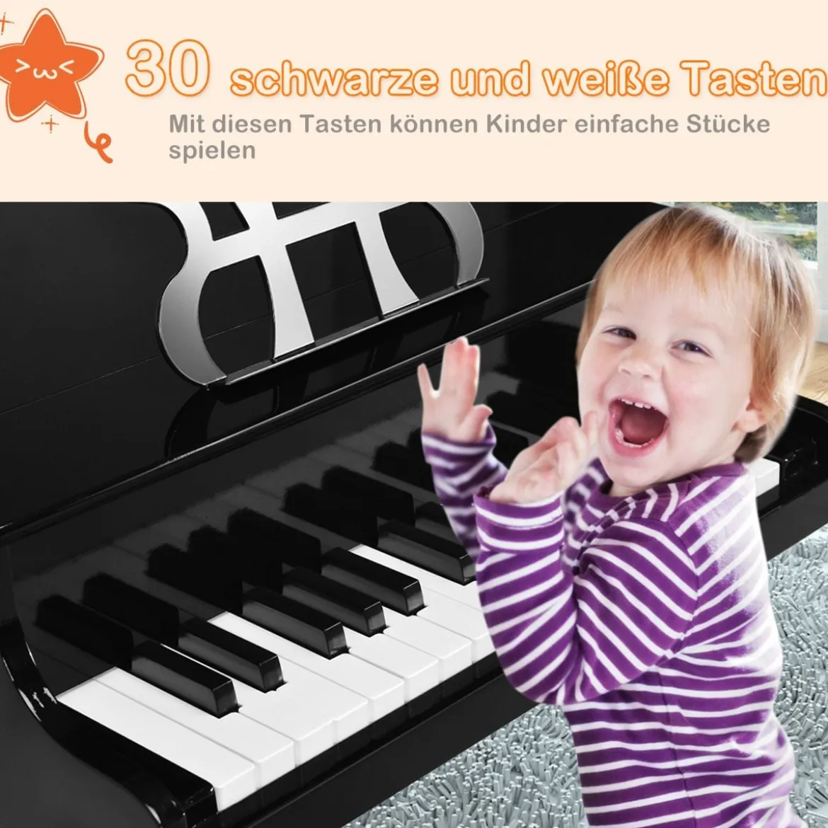 Klassisches 30 Tasten Kinderklavier mit Notenpult & Sitzbank Ideal für Kinder von 3 bis 8 J. Schwarz