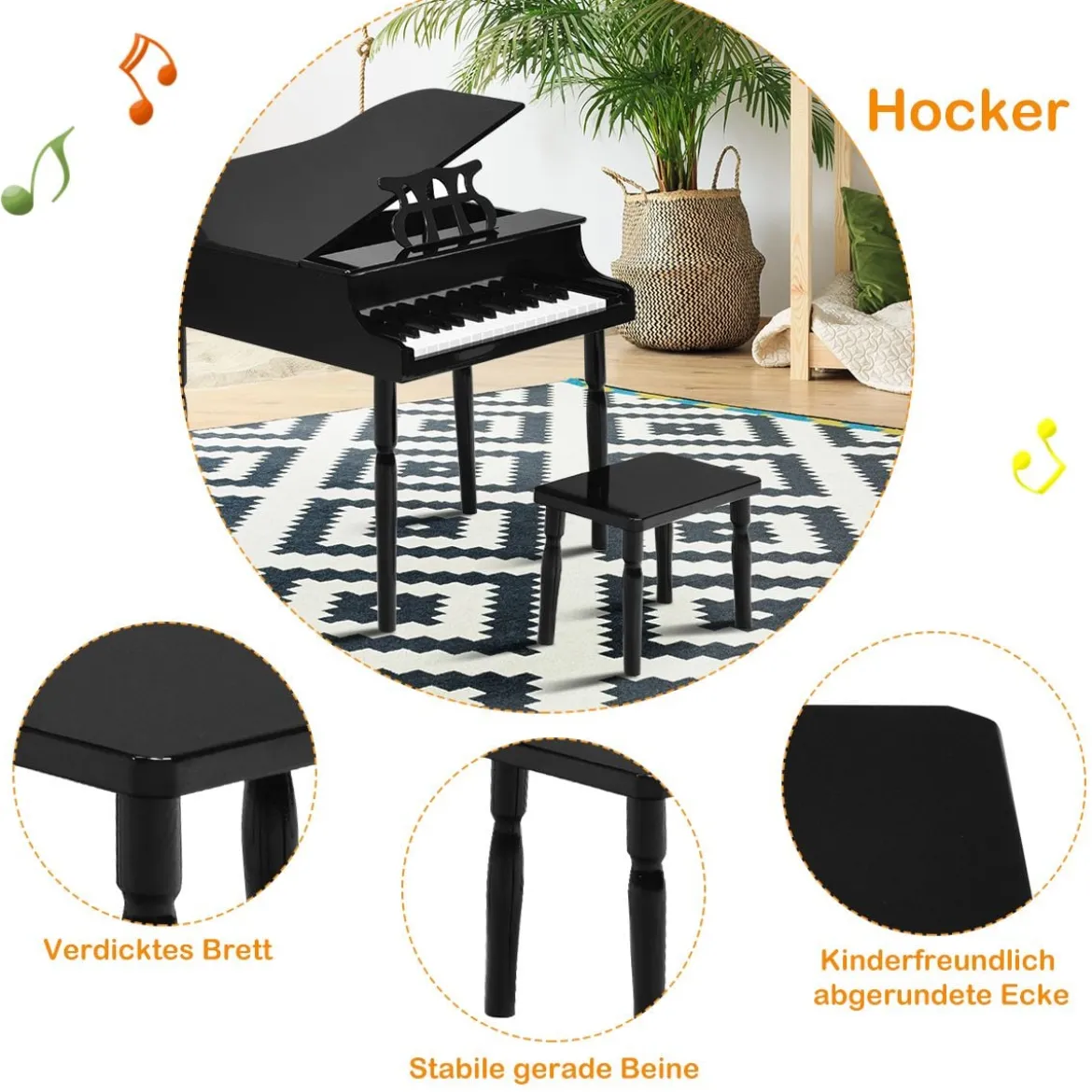 Klassisches 30 Tasten Kinderklavier mit Notenpult & Sitzbank Ideal für Kinder von 3 bis 8 J. Schwarz