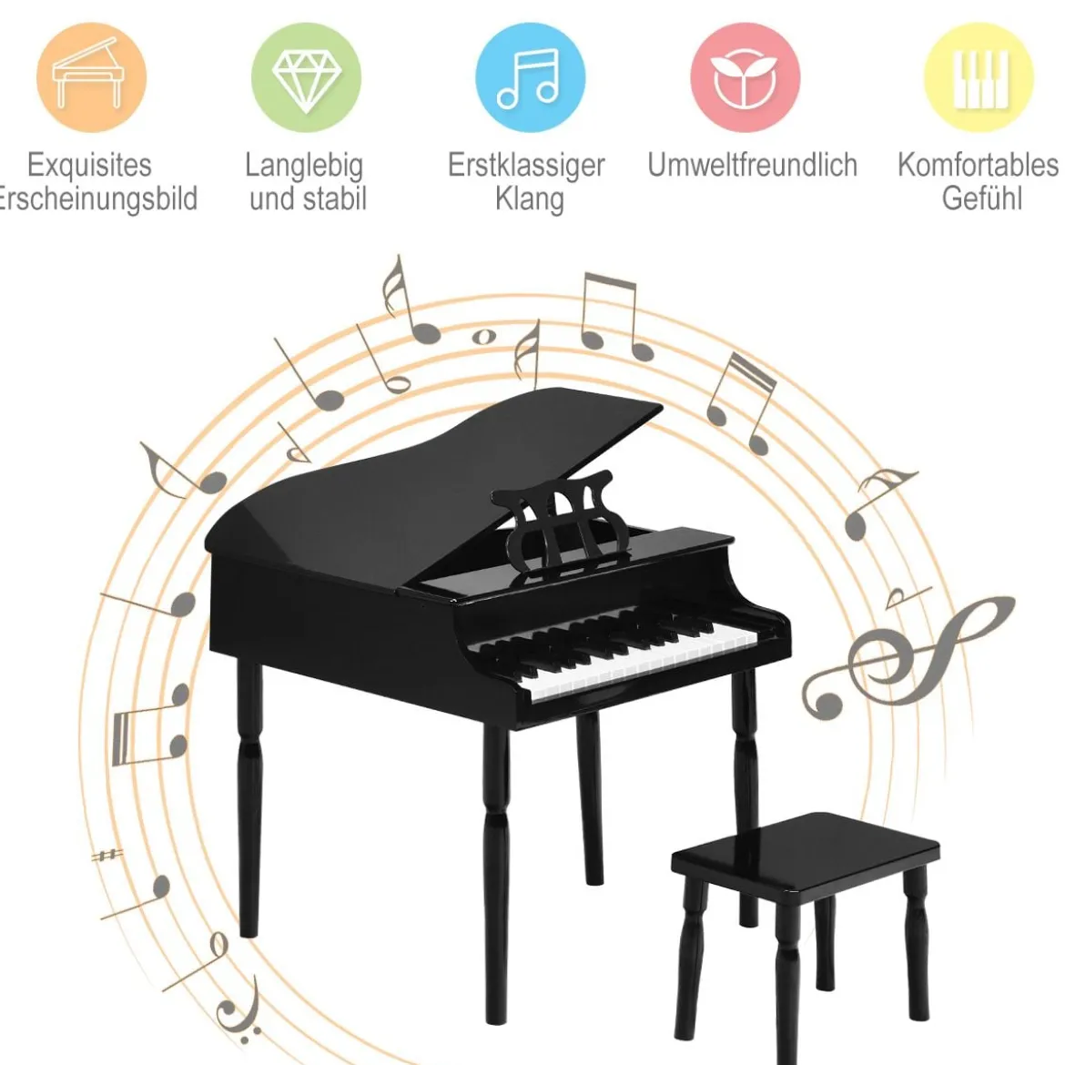 Klassisches 30 Tasten Kinderklavier mit Notenpult & Sitzbank Ideal für Kinder von 3 bis 8 J. Schwarz
