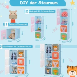 Kleiderschrank für Kinder Babyschrank mit 8 Würfeln & Hängebereich niedliche Cartoon-Kommode Blau