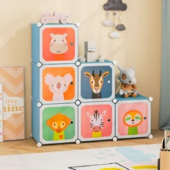Kleiderschrank für Kinder Babyschrank mit 8 Würfeln & Hängebereich niedliche Cartoon-Kommode Blau