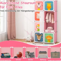 Kleiderschrank für Kinder Babyschrank mit 8 Würfeln & Hängebereich niedliche Cartoon-Kommode Rosa