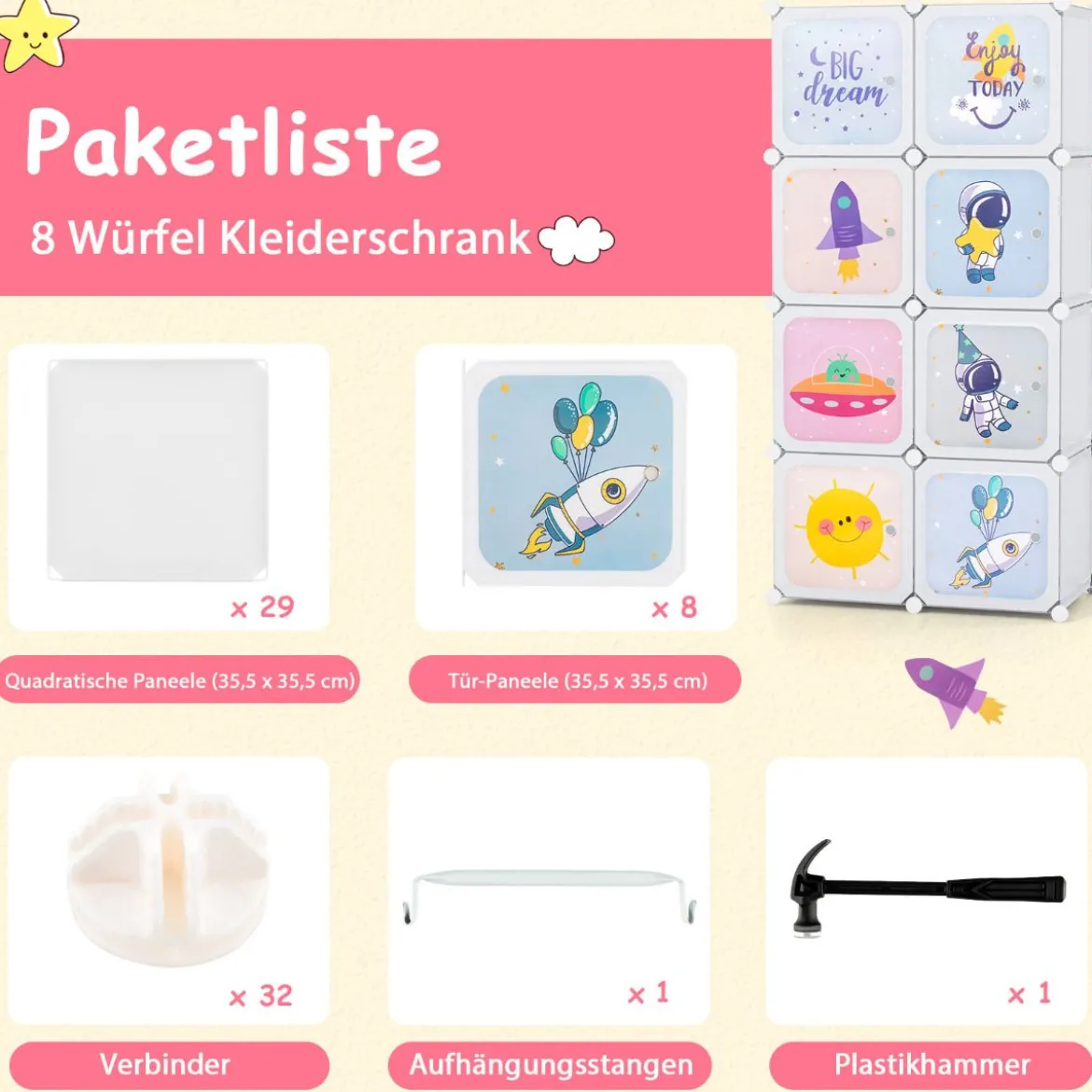 Kleiderschrank Kinder Regalsystem aus Kunststoff mit 8 Würfeln Kinderregal erweiterbar mit Türen & 2 Aufhänger Weiß