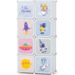 Kleiderschrank Kinder Regalsystem aus Kunststoff mit 8 Würfeln Kinderregal erweiterbar mit Türen & 2 Aufhänger Weiß