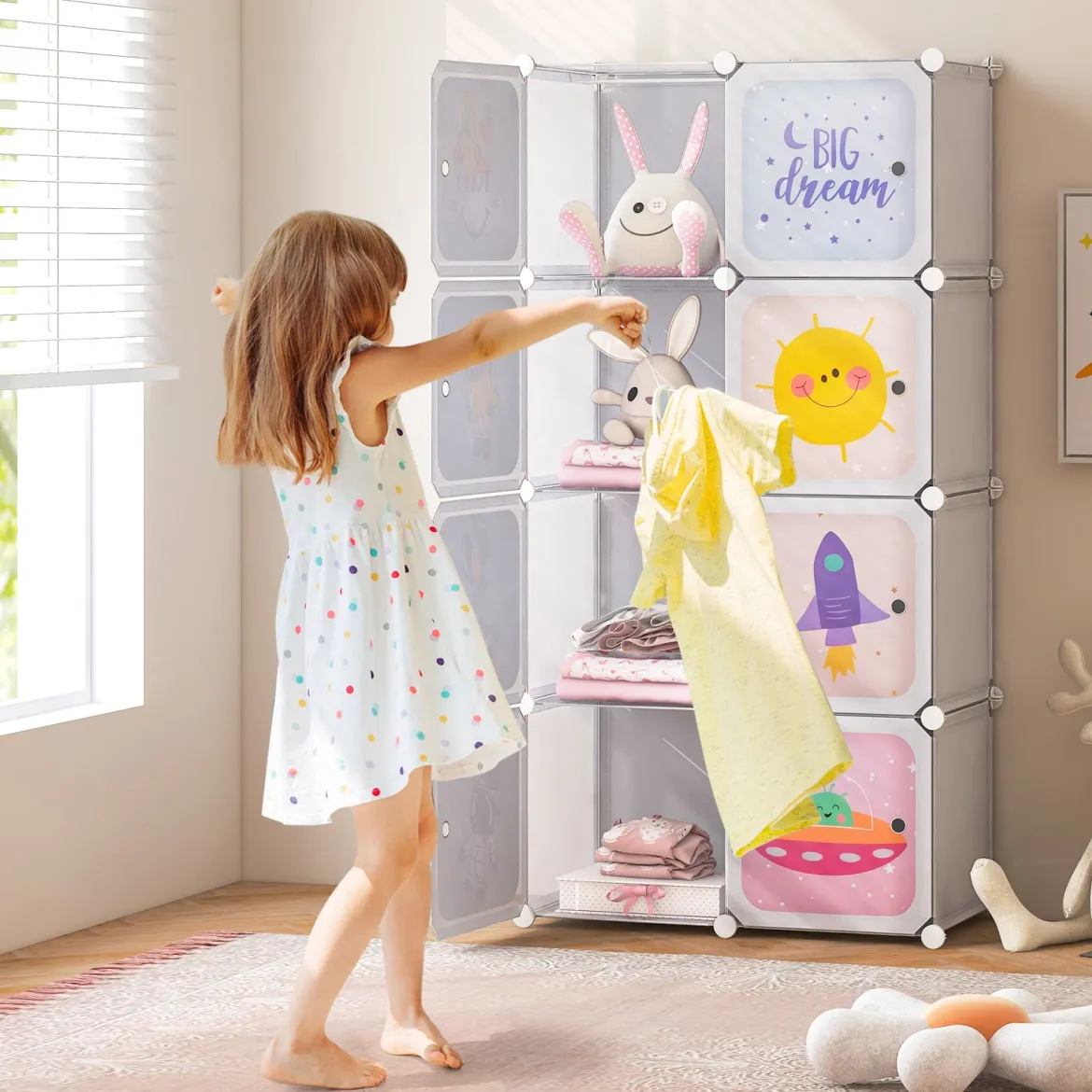 Kleiderschrank Kinder Regalsystem aus Kunststoff mit 8 Würfeln Kinderregal erweiterbar mit Türen & 2 Aufhänger Weiß