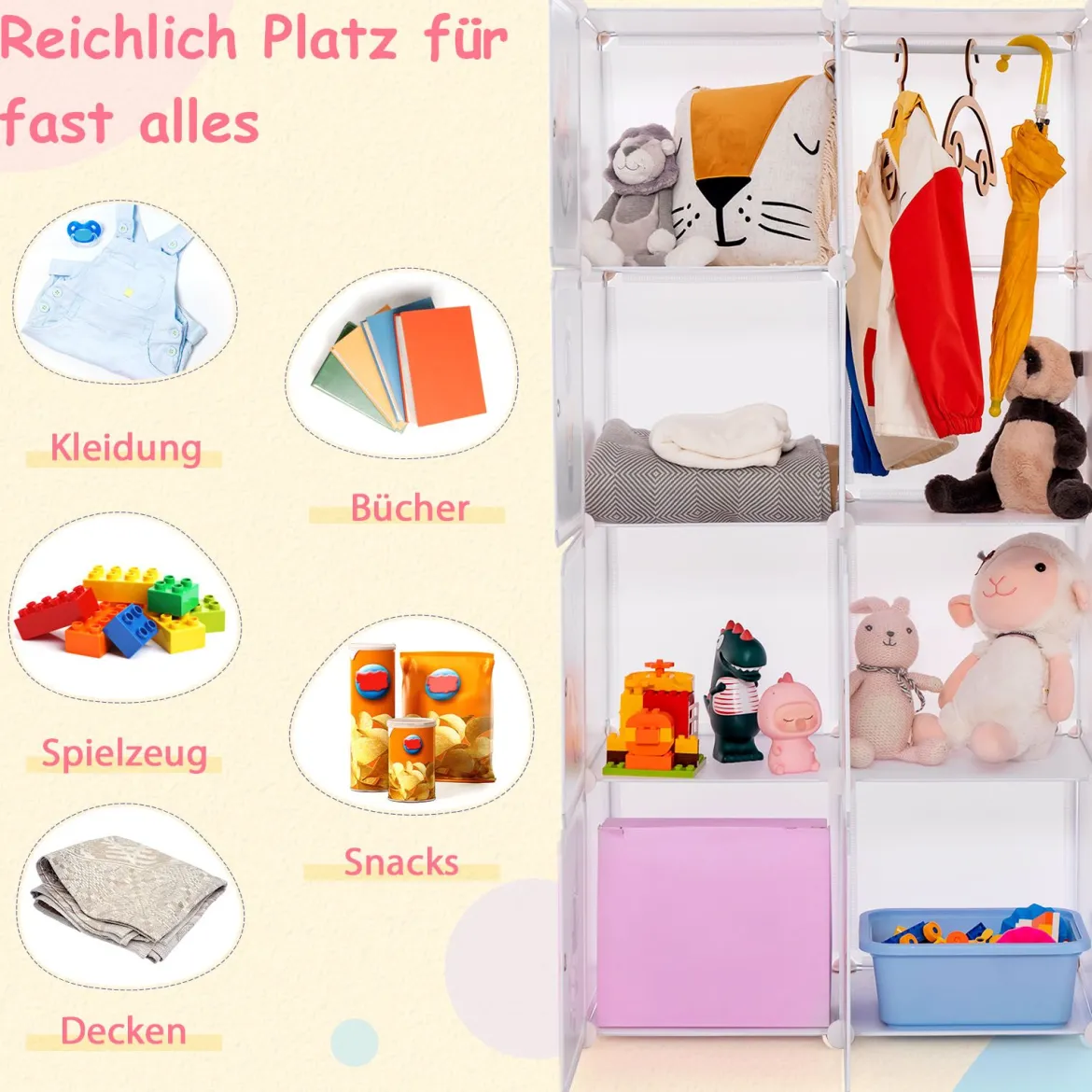 Kleiderschrank Kinder Regalsystem aus Kunststoff mit 8 Würfeln Kinderregal erweiterbar mit Türen & 2 Aufhänger Weiß