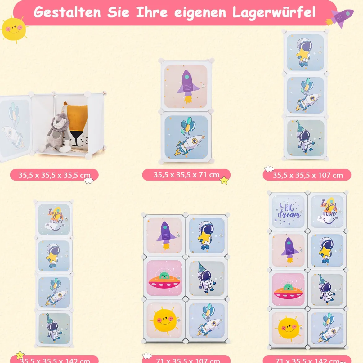 Kleiderschrank Kinder Regalsystem aus Kunststoff mit 8 Würfeln Kinderregal erweiterbar mit Türen & 2 Aufhänger Weiß