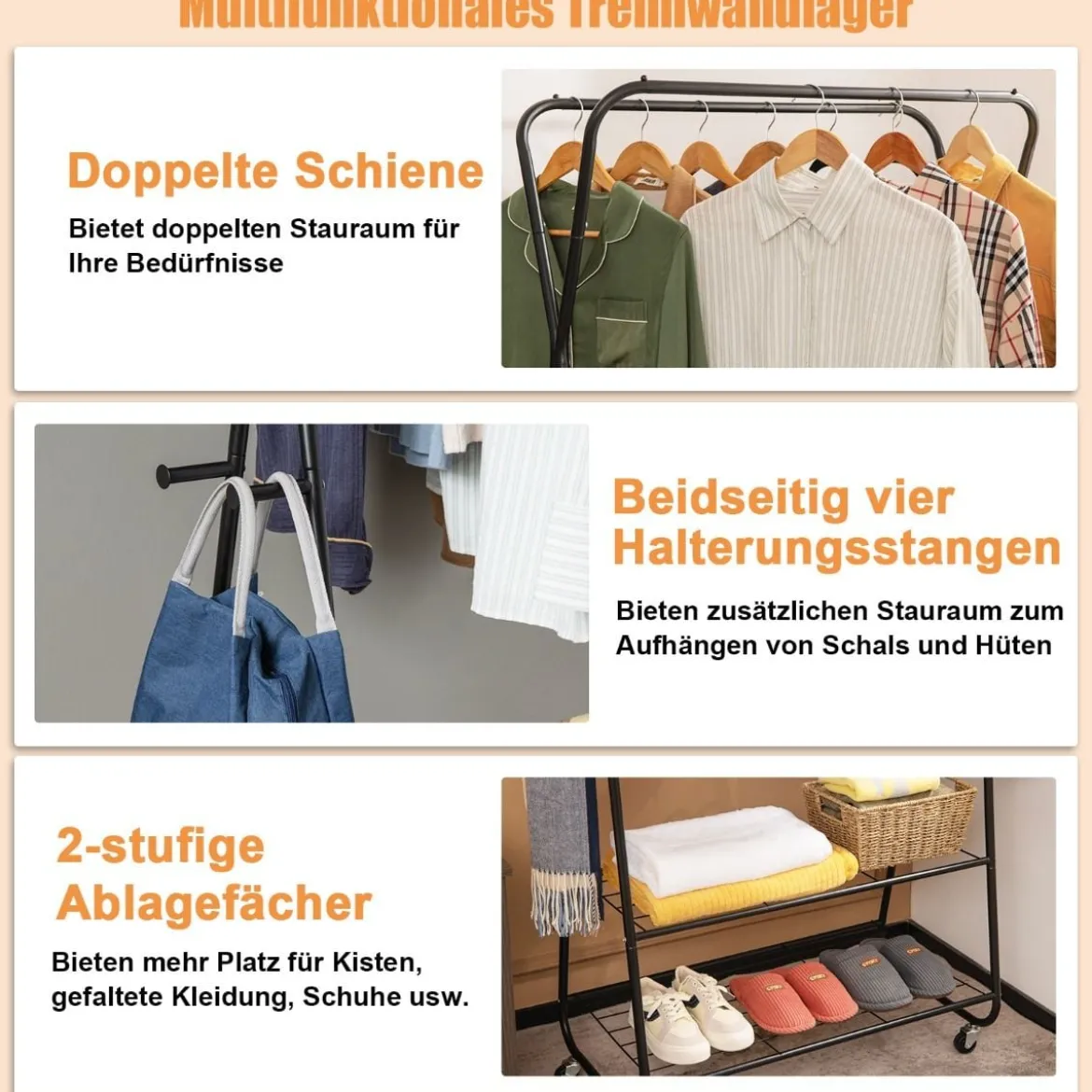 Kleiderständer auf Rollen mit 2 Kleiderstangen & 2 Ablagen & 4 Haken Garderobenständer