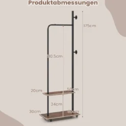 Kleiderständer auf Rollen offene Kleiderstange mit 2 Haken 60 × 30 × 175 cm Braun