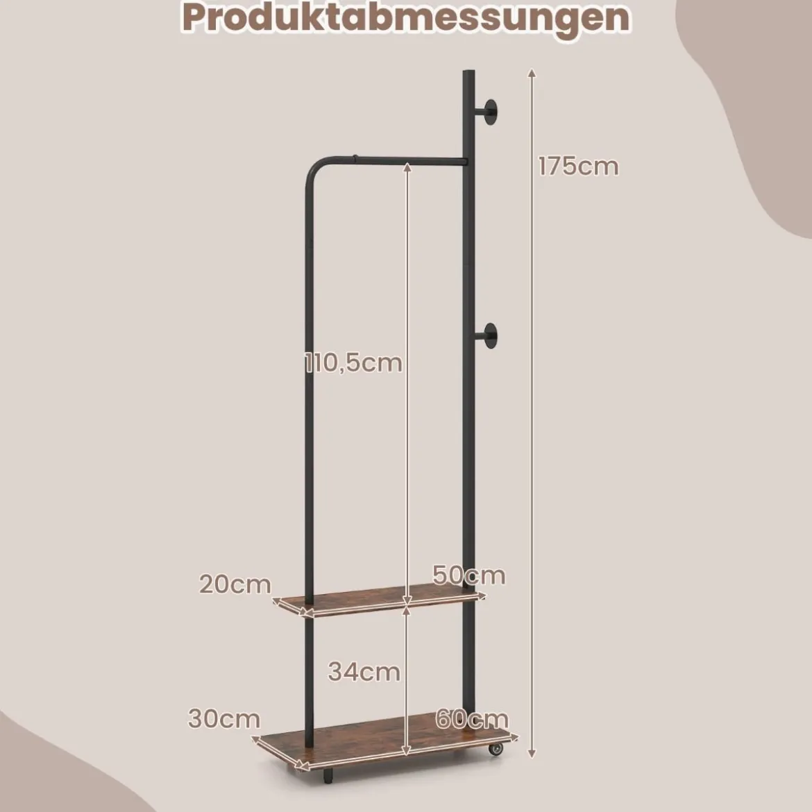 Kleiderständer auf Rollen offene Kleiderstange mit 2 Haken 60 × 30 × 175 cm Braun