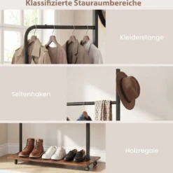 Kleiderständer auf Rollen offene Kleiderstange mit 2 Haken 60 × 30 × 175 cm Braun