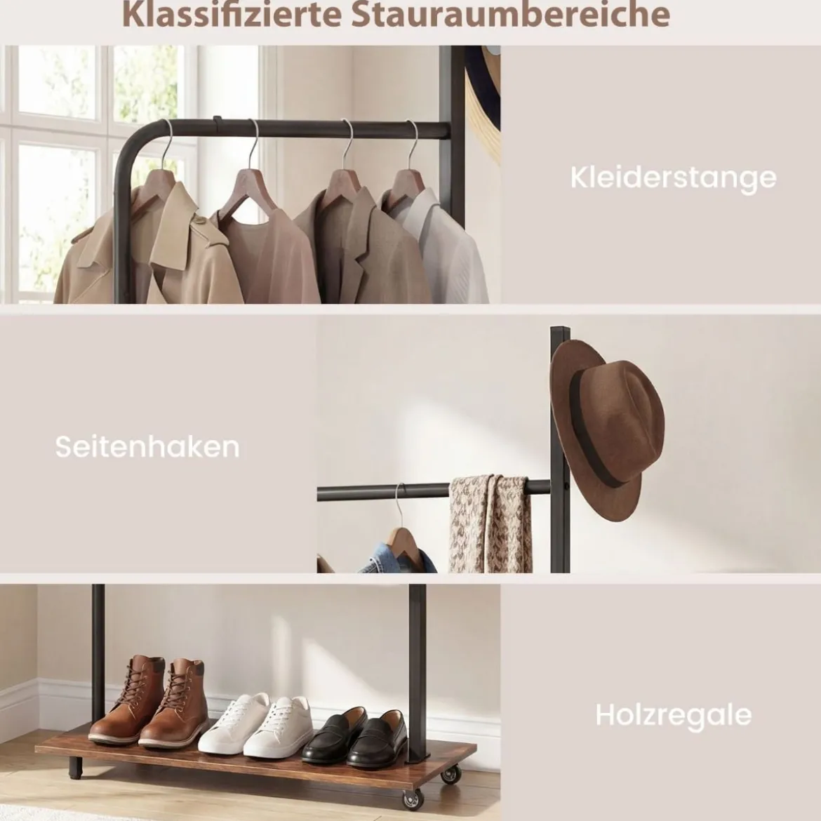 Kleiderständer auf Rollen offene Kleiderstange mit 2 Haken 60 × 30 × 175 cm Braun