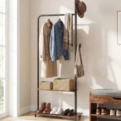 Kleiderständer auf Rollen offene Kleiderstange mit 2 Haken 60 × 30 × 175 cm Braun