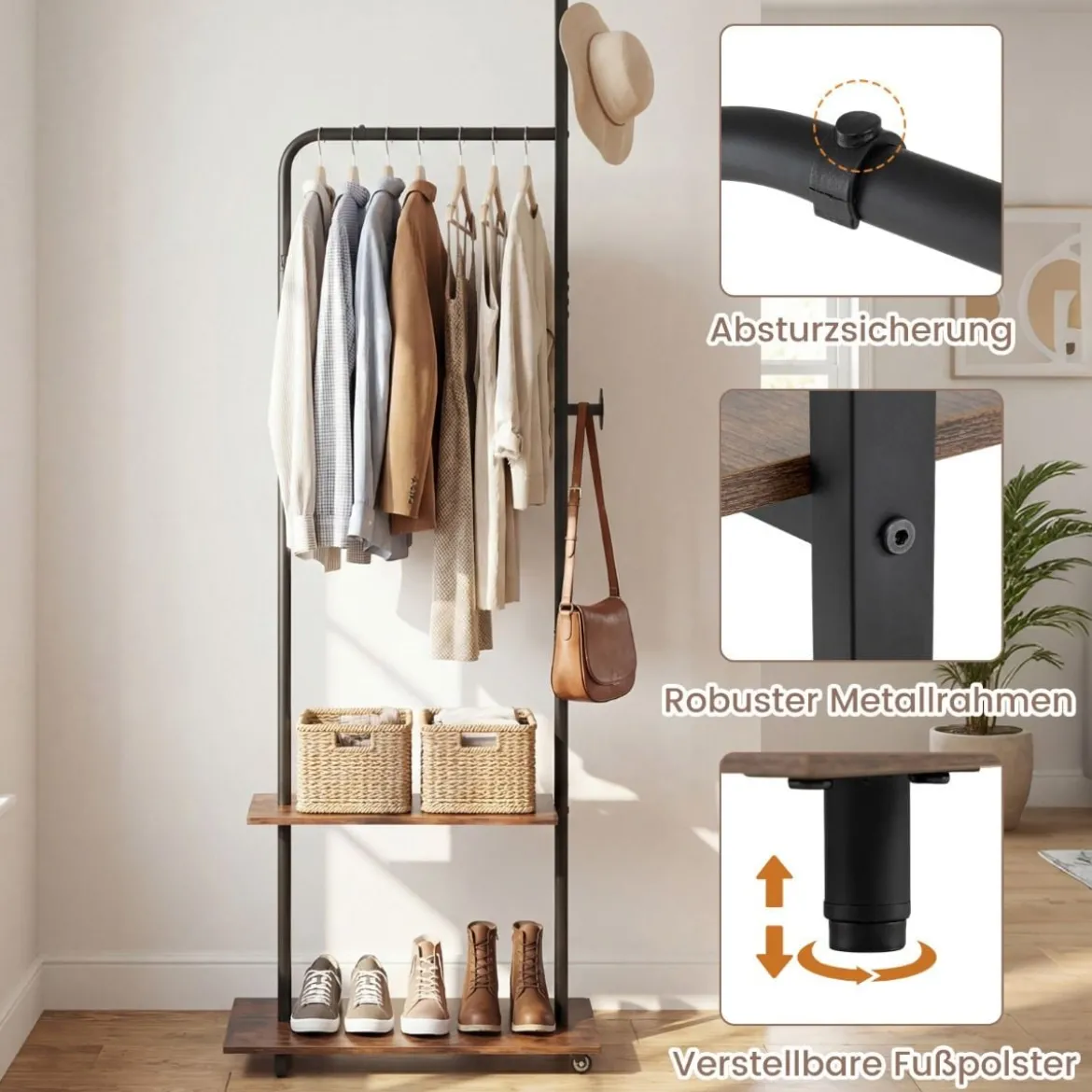 Kleiderständer auf Rollen offene Kleiderstange mit 2 Haken 60 × 30 × 175 cm Braun