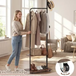Kleiderständer auf Rollen offene Kleiderstange mit 2 Haken 60 × 30 × 175 cm Braun