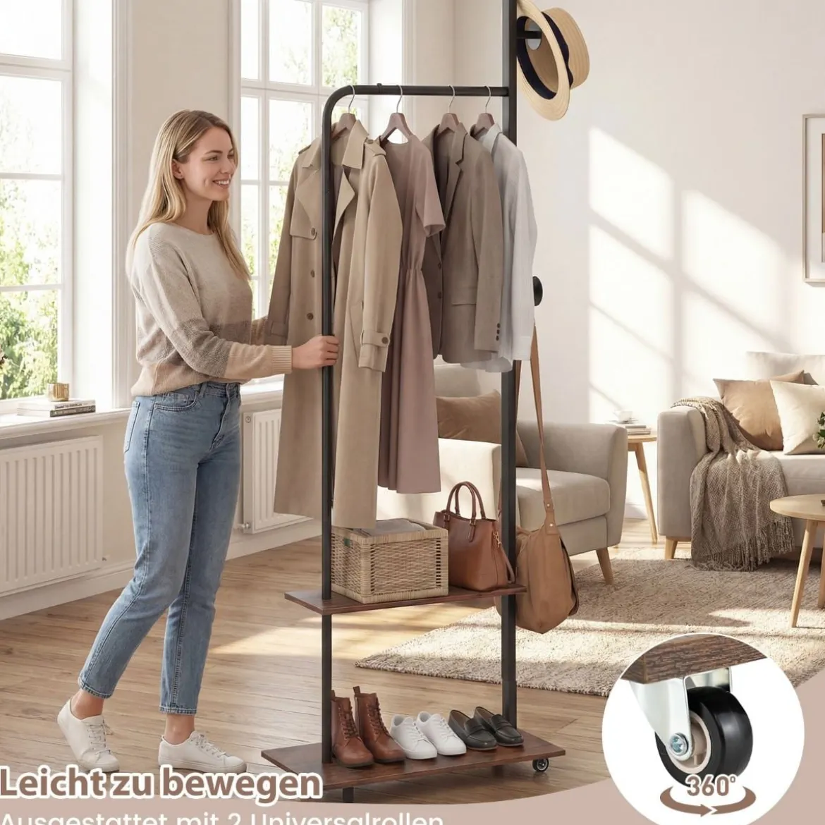 Kleiderständer auf Rollen offene Kleiderstange mit 2 Haken 60 × 30 × 175 cm Braun
