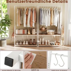 Kleiderständer freistehende Garderobe mit 2 Regalen & stabiler Kleiderstange offenes Kleiderregal Weiß