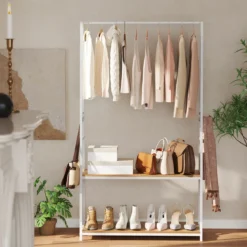 Kleiderständer freistehende Garderobe mit 2 Regalen & stabiler Kleiderstange offenes Kleiderregal Weiß