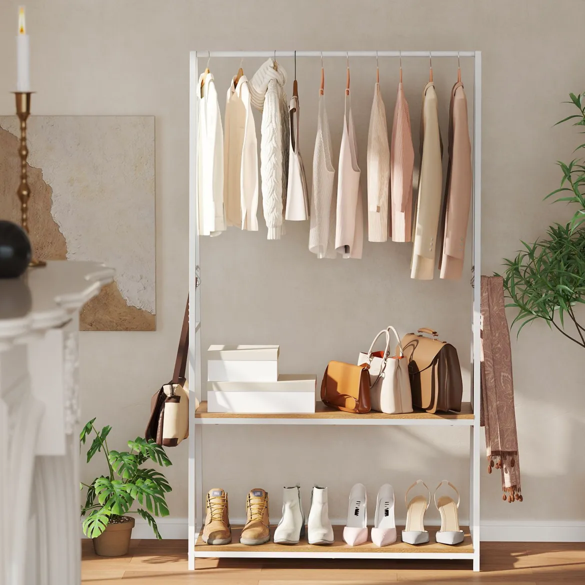 Kleiderständer freistehende Garderobe mit 2 Regalen & stabiler Kleiderstange offenes Kleiderregal Weiß