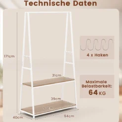 Kleiderständer freistehende Garderobe mit 2 Regalen & stabiler Kleiderstange offenes Kleiderregal Weiß