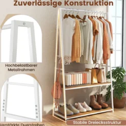 Kleiderständer freistehende Garderobe mit 2 Regalen & stabiler Kleiderstange offenes Kleiderregal Weiß