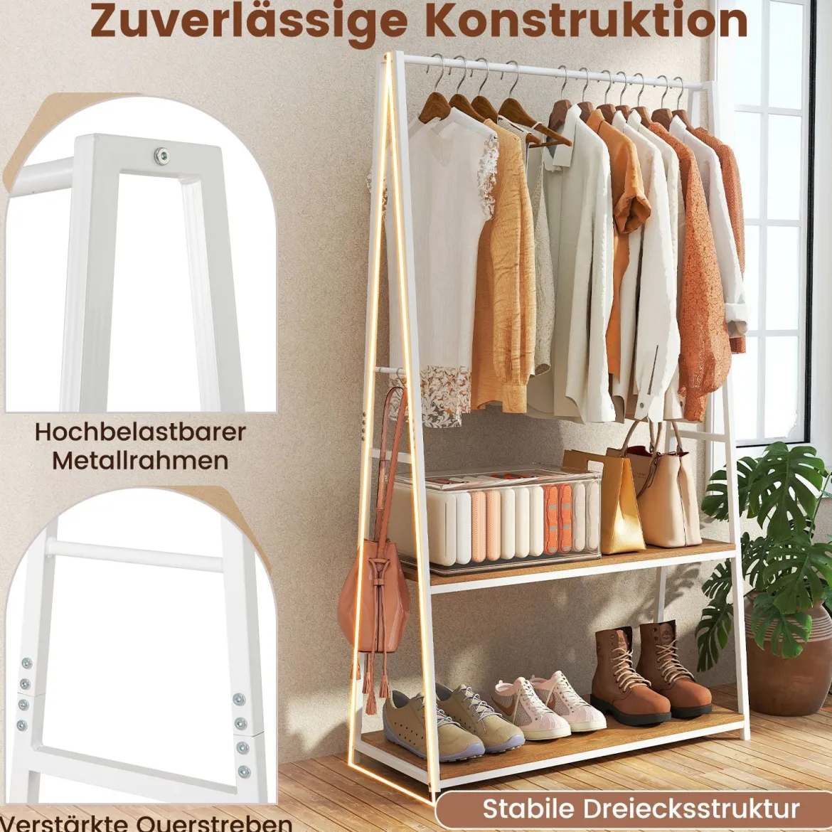 Kleiderständer freistehende Garderobe mit 2 Regalen & stabiler Kleiderstange offenes Kleiderregal Weiß