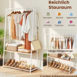 Kleiderständer freistehende Garderobe mit 2 Regalen & stabiler Kleiderstange offenes Kleiderregal Weiß