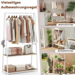 Kleiderständer freistehende Garderobe mit 2 Regalen & stabiler Kleiderstange offenes Kleiderregal Weiß
