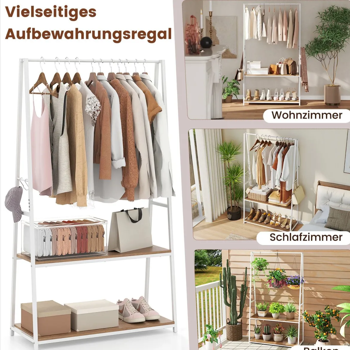 Kleiderständer freistehende Garderobe mit 2 Regalen & stabiler Kleiderstange offenes Kleiderregal Weiß