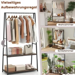 Kleiderständer freistehende Garderobe mit 2 Regalen & stabiler Kleiderstange Braun