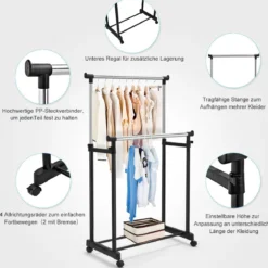 Kleiderständer Höhenverstellbarer Garderobenständer Rollgarderobe mit Rollen Schwarz 86 x 43 x 94-168 cm