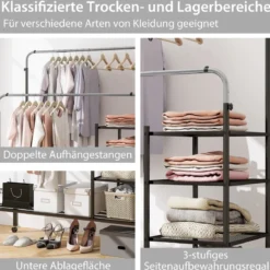 Kleiderständer mit 2 Kleiderstangen Wäscheständer auf Rollen Garderobenständer höhenverstellbar 135 x 54 x 170cm Silber