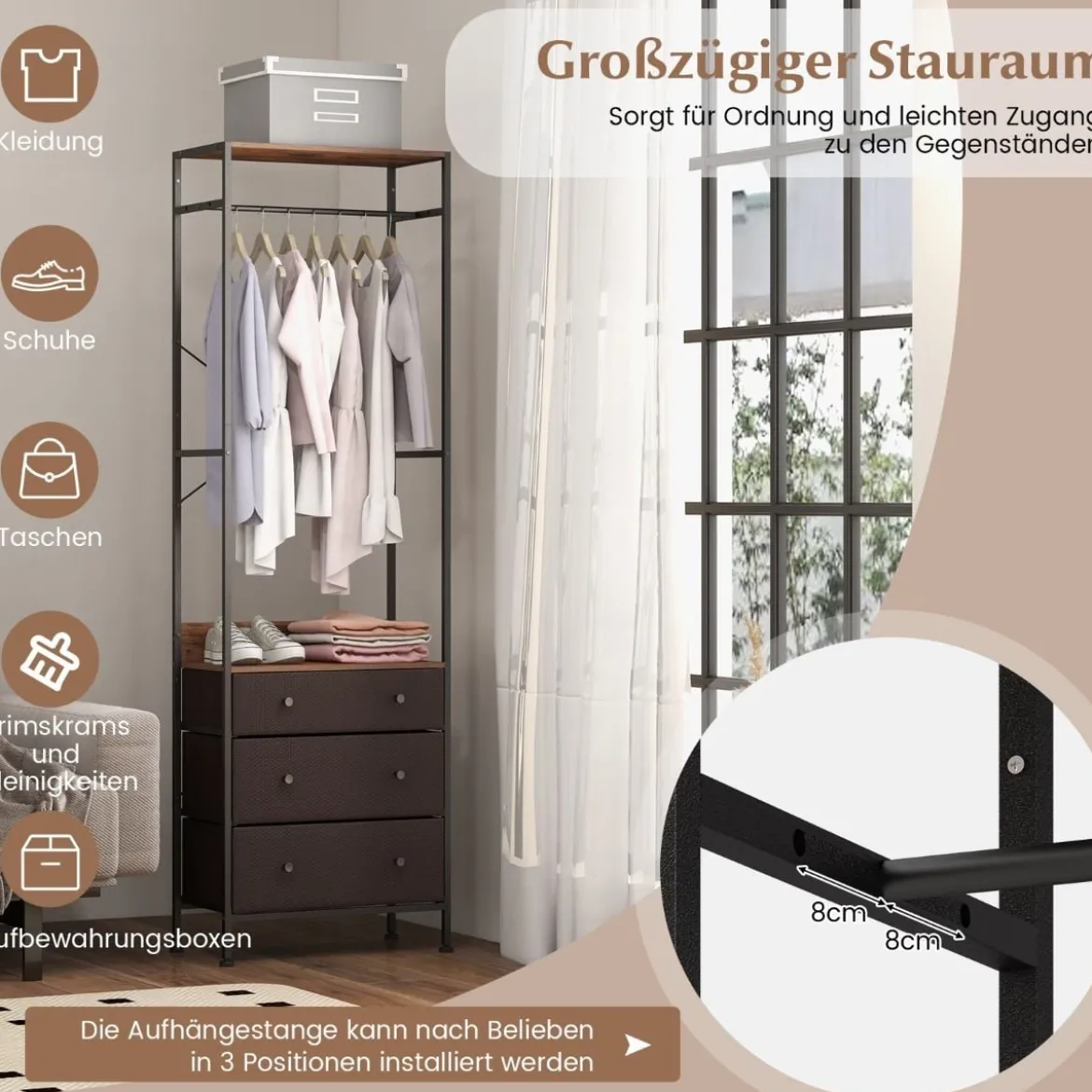 Kleiderständer mit Schubladen mit 3-Positionen-Hängestange & Ablagefächern Schrank-Organizer