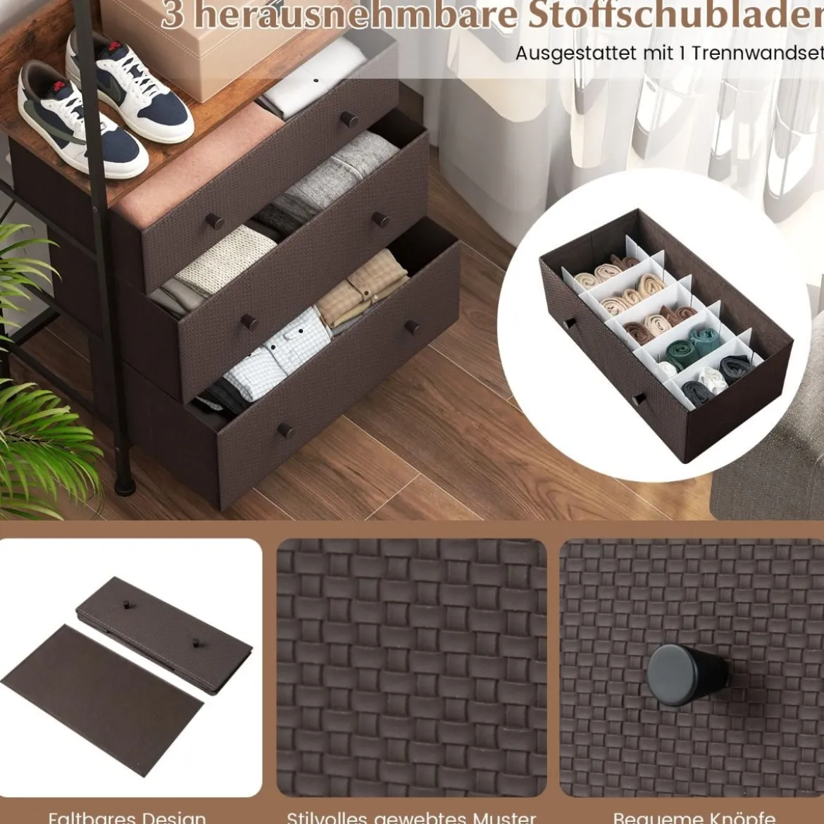 Kleiderständer mit Schubladen mit 3-Positionen-Hängestange & Ablagefächern Schrank-Organizer