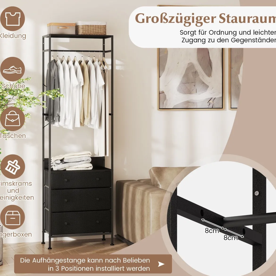 Kleiderständer mit Schubladen & 3-Positionen-Hängestange & Ablagefächern Schrank-Organizer Schwarz