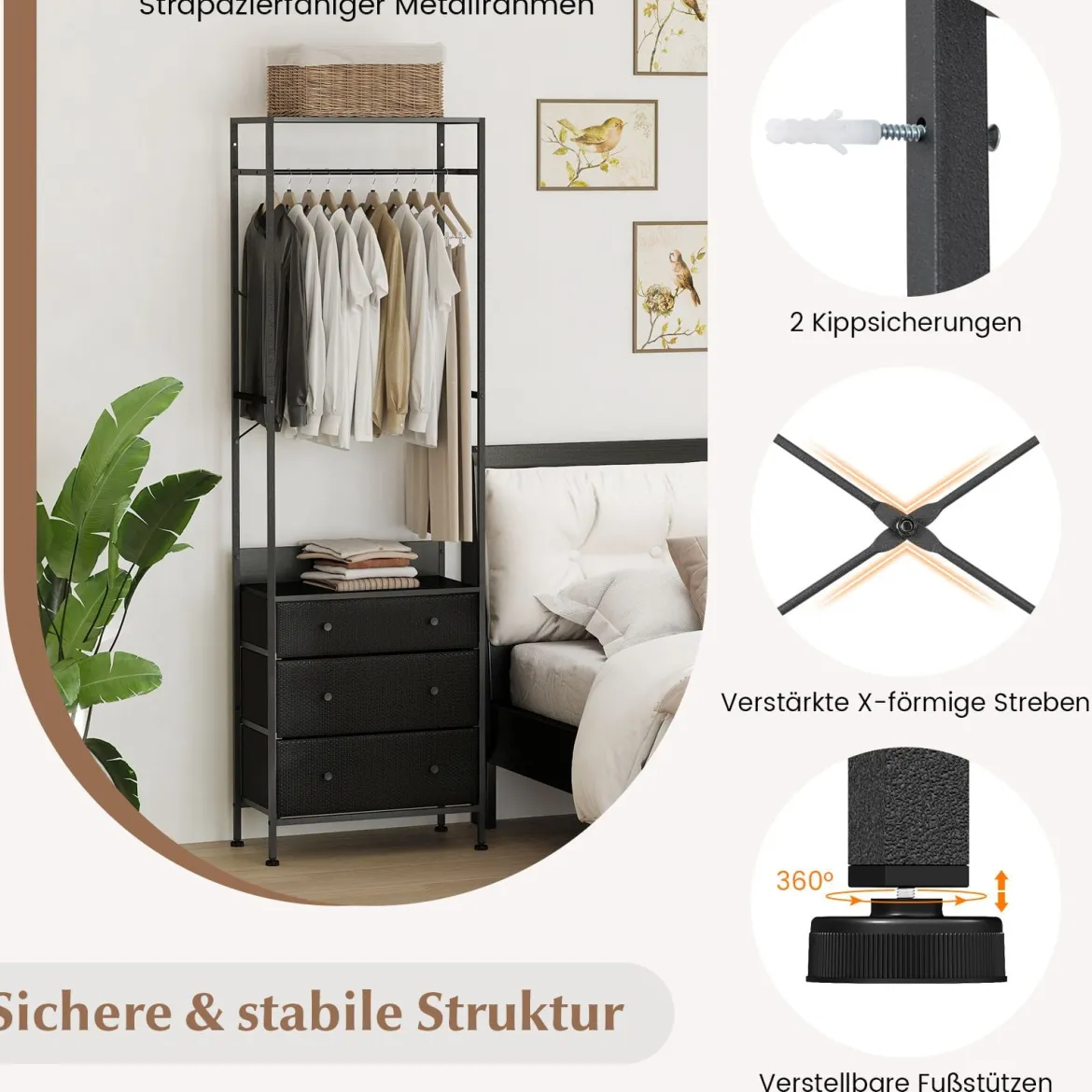 Kleiderständer mit Schubladen & 3-Positionen-Hängestange & Ablagefächern Schrank-Organizer Schwarz