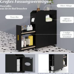 Kleiner Badezimmerschrank 16 cm schmaler Organizer mit ausziehbarer Schublade Taschentuchbox Schwarz