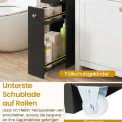 Kleiner Badezimmerschrank 4-stufiger schmaler Aufbewahrungsschrank mit ausziehbaren Schubladen Schwarz